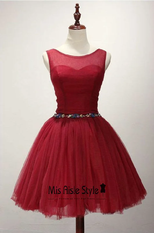 formal dressformal dressShort Dark Red Tulle Homecoming Dress