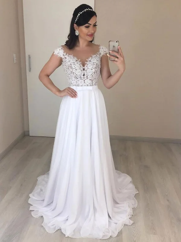 One-DAY Sale Elegant Cap Sleeves Backless Lace White Prom Dresses, White Lace Formal Dresses, Evening Dresses, Wedding Dresses