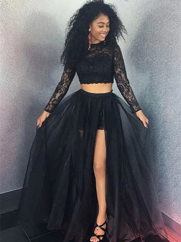 Big Discounts Two Pieces Long Sleeves Lace Black Prom Dresses, Two Pieces Black Formal Dresses, Evening Dresses