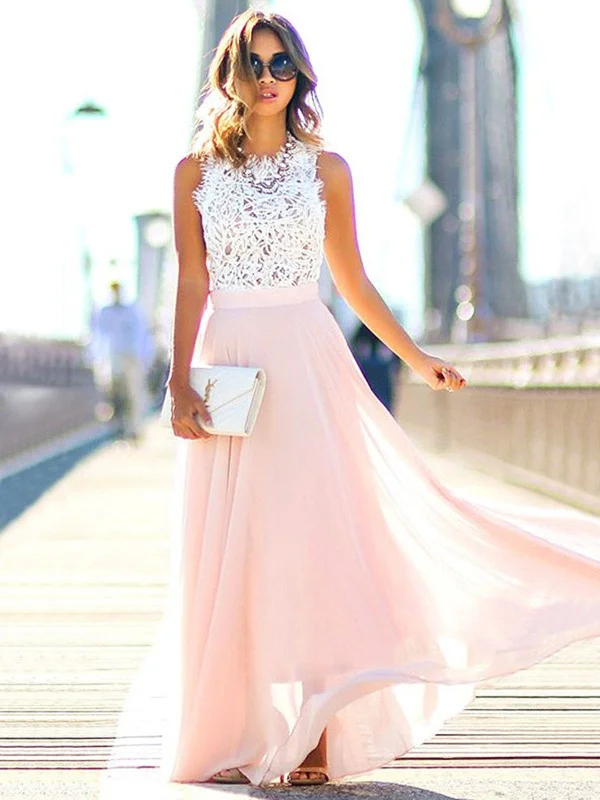 bohemian dressbohemian dressA Line Sleeveless Floor Length Lace Pink Prom Dress, Pink Formal Dress