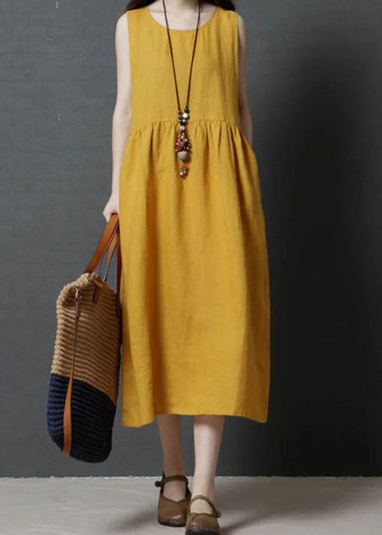 casual dresscasual dressYellow Patchwork Cotton Long Dress O Neck Wrinkled Sleeveless