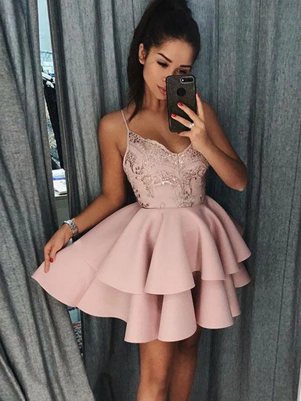 satin dresssatin dressPink Cute Lace Layered Short Prom Dresses, Layered Homecoming Dresses, Pink Graduation Dresses