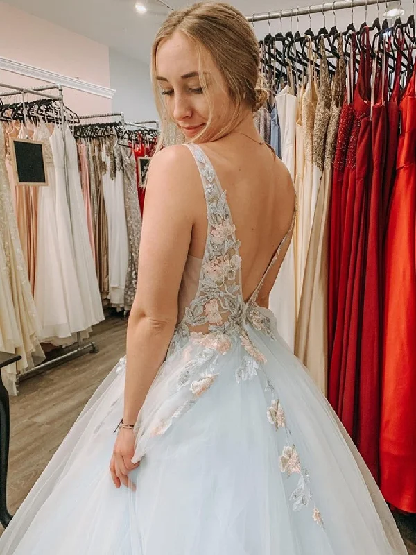 Low Prices Deep V Neck 3D Flower Blue Tulle Long Prom Dresses, Open Back V Neck Blue Floral Long Formal Evening Dresses Low Prices Deep V Neck 3D Flower Blue Tulle Long Prom Dresses, Open Back V Neck Blue Floral Long Formal Evening Dresses