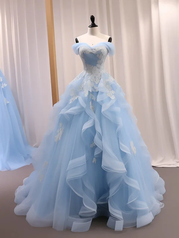 pleated maxi dresspleated maxi dressOff Shoulder Light Blue Tulle Long Prom Dresses with Lace Appliques, High Low Light Blue Formal Evening Dresses, Light Blue Ball Gown SP2924