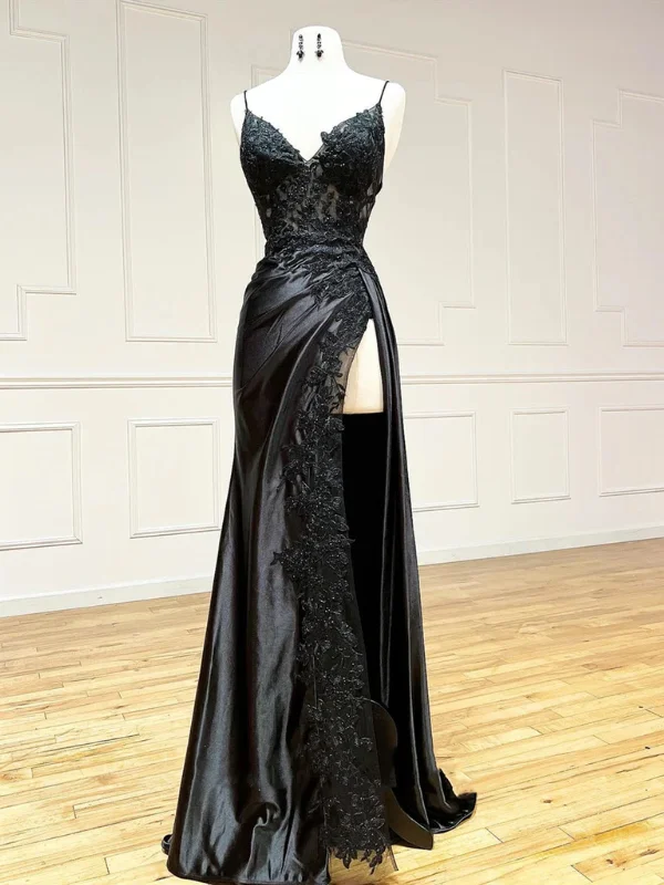 modern dressmodern dressV Neck Mermaid Black Lace Long Prom Dresses with High Slit, Black Lace Formal Dresses, Mermaid Black Evening Dresses SP2717