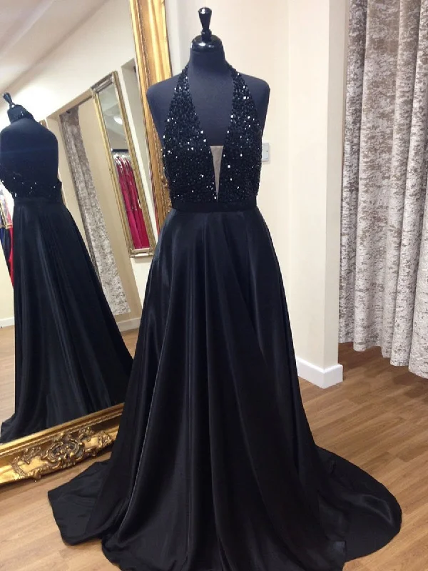Great Deals A Line Halter Neck Backless Beaded Black Long Prom Dresses, V Neck Black Formal Dresses, Backless Black Evening Dresses