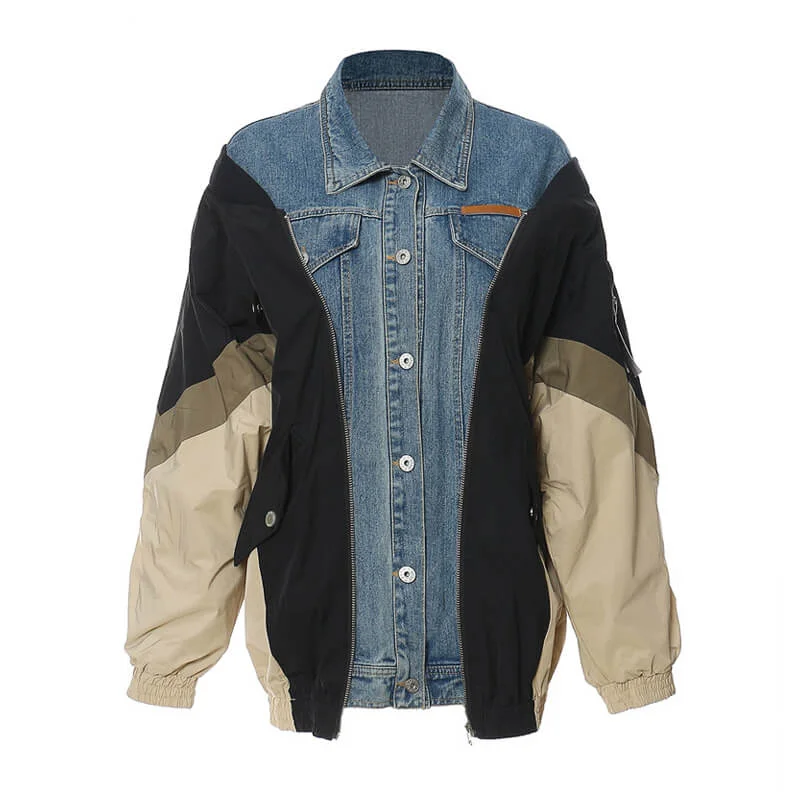 Savings Event Deconstructed Contrast Denim Collared Button Down Hybrid Bomber Jacket Savings Event Deconstructed Contrast Denim Collared Button Down Hybrid Bomber Jacket