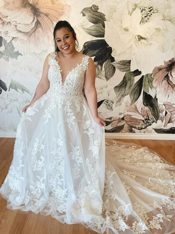 Limited Time Discount V Neck Backless White Lace Long Prom Dresses, White Lace Wedding Dresses, White Formal Evening Dresses SP2175