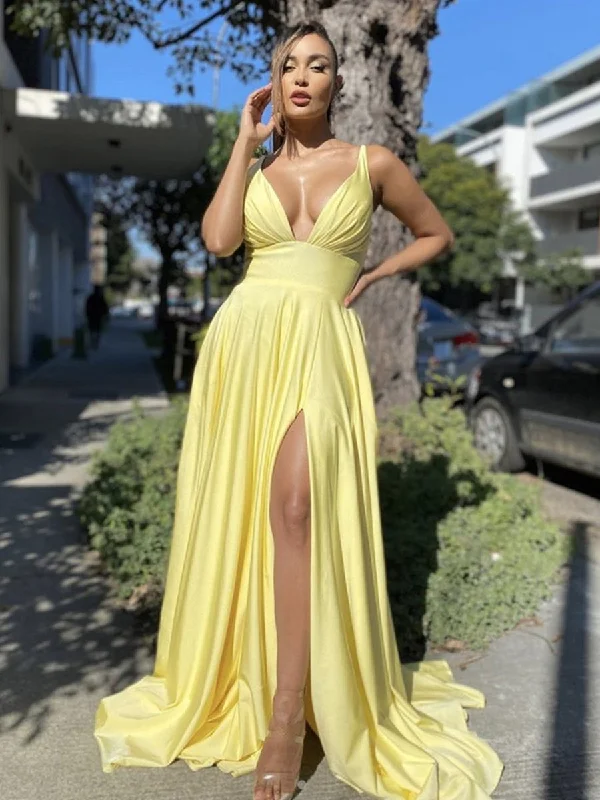Amazing Deals Sexy V Neck Backless Yellow Long Prom Dresses with Split, Backless Yellow Formal Dresses, Yellow Graduation Evening Dresses