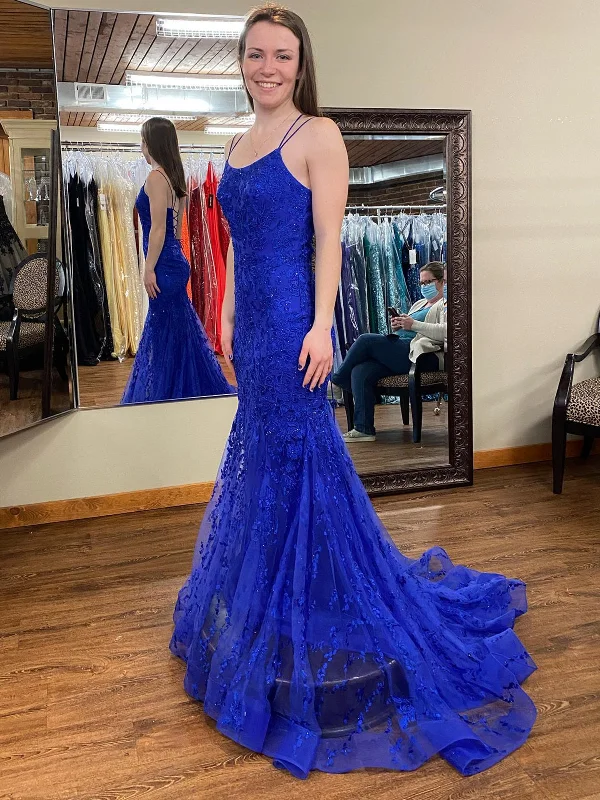 tiered dresstiered dressMermaid Backless Blue Lace Long Prom Dresses, Mermaid Blue Formal Dresses, Blue Lace Evening Dresses SP2311