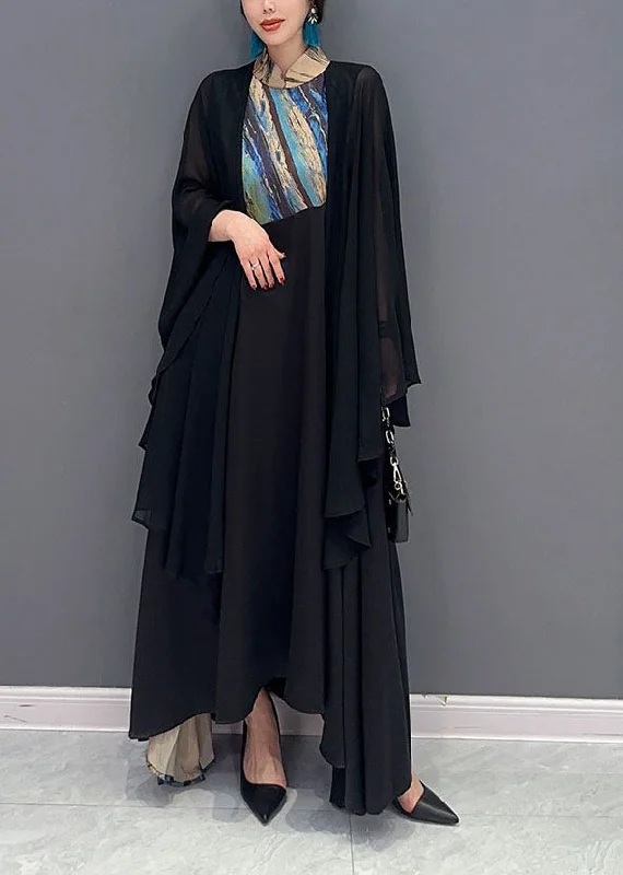 luxury dressluxury dressUnique Black Oversized Patchwork Exra Large Hem Chiffon Long Dress Spring