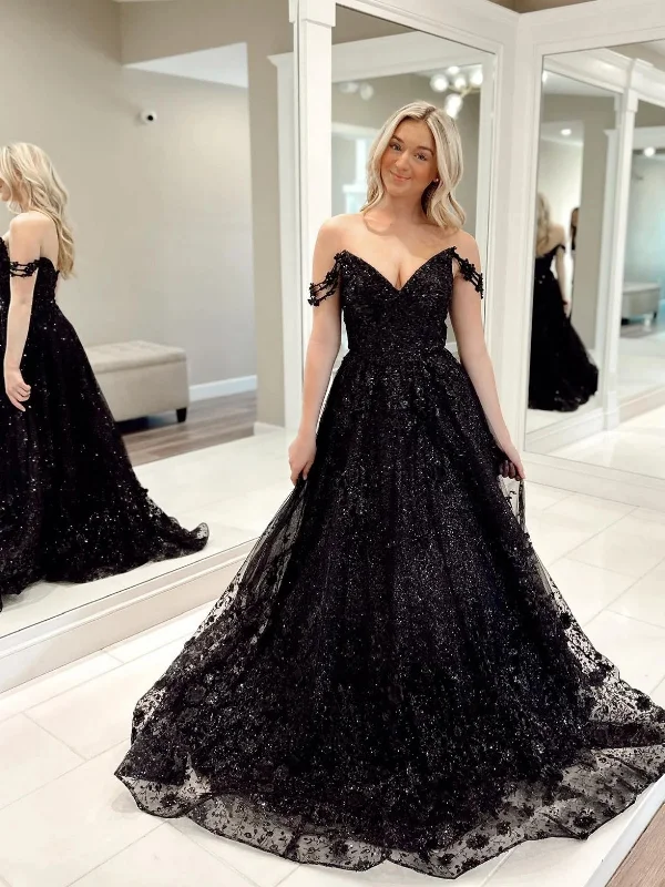 evening dressevening dressShiny Off Shoulder Black Lace Long Prom Dresses, Black Lace Formal Dresses, Black Evening Dresses SP2635