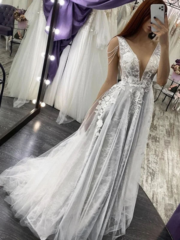 Super Deal A Line V Neck Open Back Beaded Ivory Lace Long Prom Dresses with Gray Lining, Ivory Lace Wedding Dresses, Ivory Formal Evening Dresses Super Deal A Line V Neck Open Back Beaded Ivory Lace Long Prom Dresses with Gray Lining, Ivory Lace Wedding Dresses, Ivory Formal Evening Dresses