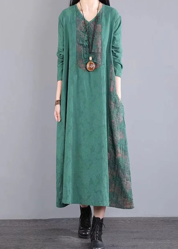 Deal Dash Loose Green Pockets Hollow Out Lace Patchwork Cotton Dress Fall