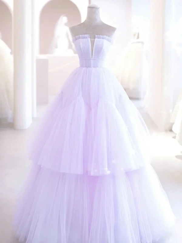 Now or Never Elegant V Neck Purple Tulle Long Prom Dresses, Strapless Lilac Tulle Formal Evening Dresses, Lavender Ball Gown SP2386