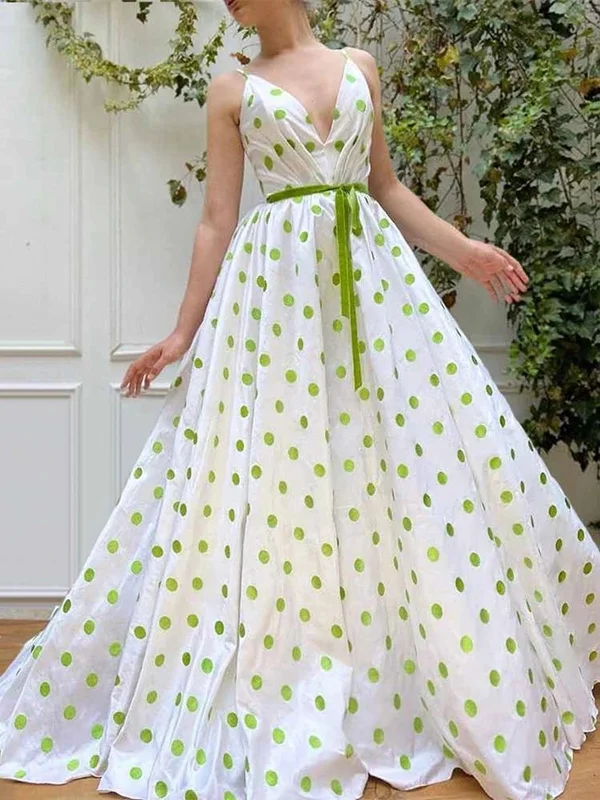 YEAR-End Sale A Line V Neck Green Dot White Long Prom Dresses, Green Dot Long Formal Evening Dresses YEAR-End Sale A Line V Neck Green Dot White Long Prom Dresses, Green Dot Long Formal Evening Dresses