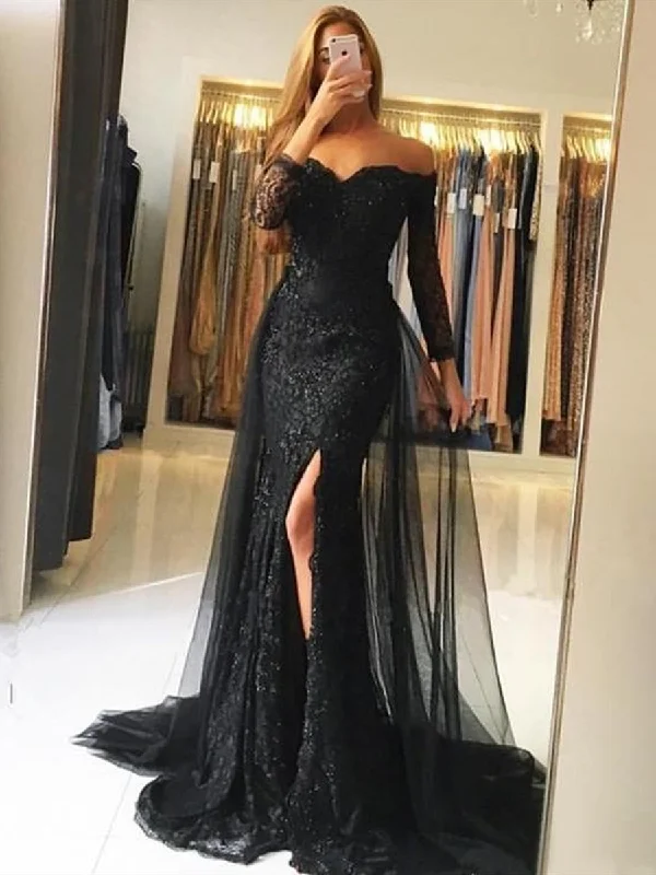 Fantastic Offers Long Sleeves Mermaid Black/Gray Lace Long Prom Dresses with Side Slit, Mermaid Lace Black/Gray Formal Dresses, Evening Dresses Fantastic Offers Long Sleeves Mermaid Black/Gray Lace Long Prom Dresses with Side Slit, Mermaid Lace Black/Gray Formal Dresses, Evening Dresses