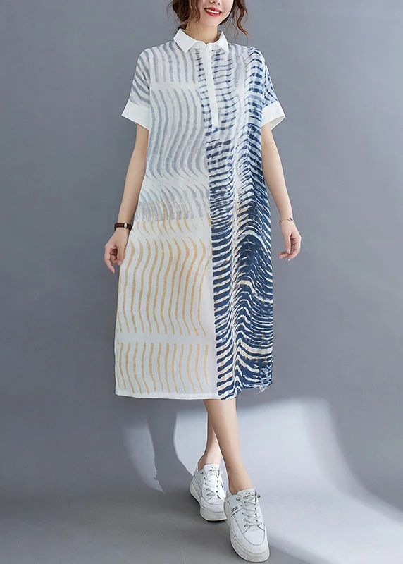 Sale Event Elegant Striped Button Cotton Long Dress Short Sleeve