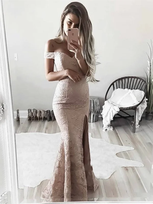 Crazy Deals Custom Made Off Shoulder Mermaid Lace Prom Dresses with Slit, Lace Formal Dresses