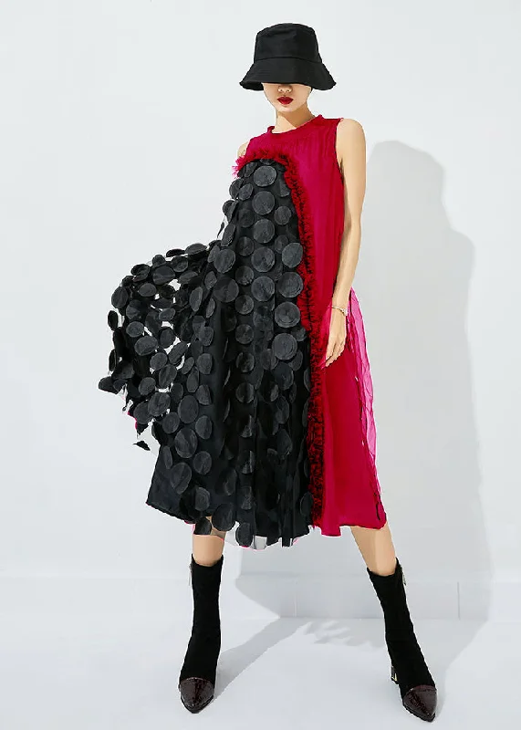 playful dressplayful dressBohemian Red-Black Dot Asymmetrical Patchwork Wrinkled Tulle Maxi Dress Sleeveless