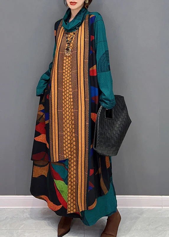 modern dressmodern dressBohemian Green Turtleneck Print Patchwork Long Dress Long Sleeve