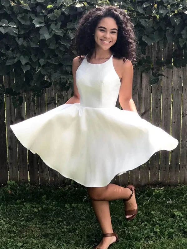 Clearance Sale Simple Round Neck White Satin Short Prom Dresses Homecoming Dresses, White Formal Graduation Evening Dresses