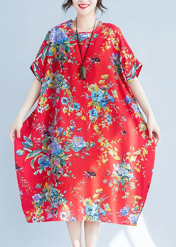 bohemian dressbohemian dressRed Print Cotton Long Dress Oversized Pockets Summer