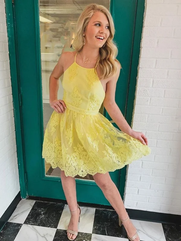 party-ready dressparty-ready dressElegant Open Back Yellow Lace Short Prom Dresses, Yellow Lace Homecoming Dresses, Yellow Formal Evening Dresses