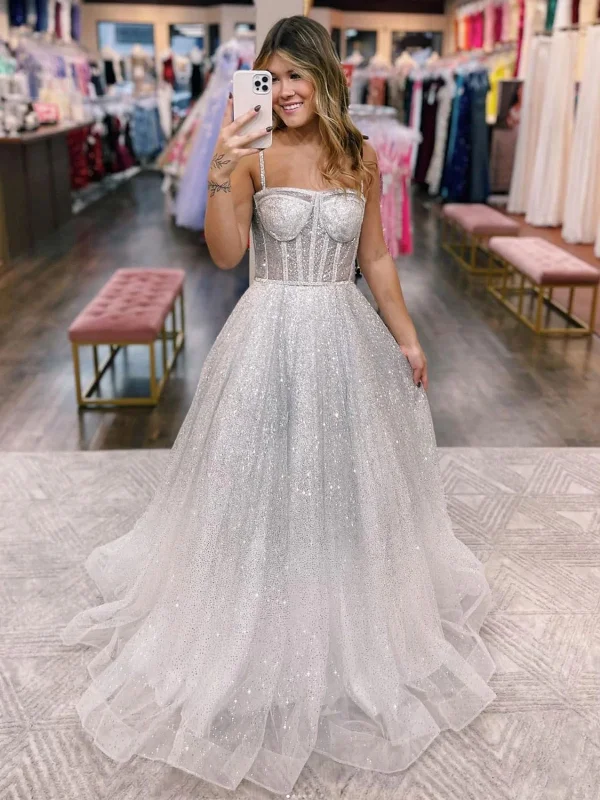 Super Sale Shiny Tulle Silver Gray Long Prom Dresses, Silver Grey Formal Graduation Evening Dresses SP2555
