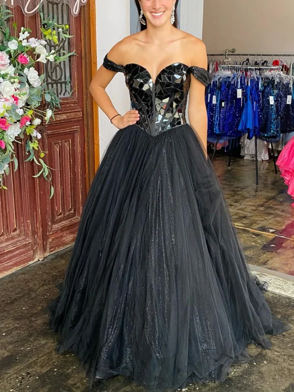 vintage-inspired dressvintage-inspired dressOff Shoulder Black Sequins Long Prom Dresses, Off the Shoulder Formal Dresses, Black Tulle Evening Dresses SP2769