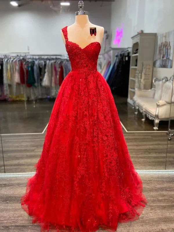 Price Rollback One Shoulder Sweetheart Neck Red Lace Long Prom Dresses, Red Lace Formal Dresses, Red Evening Dresses SP2150