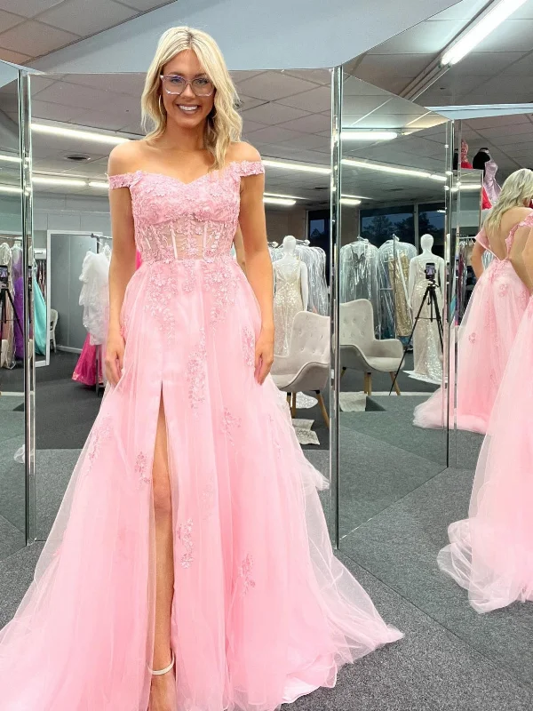 flowy maxi dressflowy maxi dressOff Shoulder Pink Lace Long Prom Dresses with High Slit, Pink Lace Formal Dresses, Off the Shoulder Pink Evening Dresses SP2556