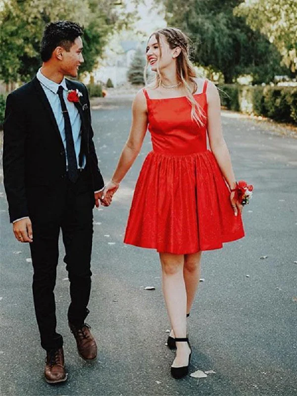 Deal of the Day Cute Red Satin Short Prom Dresses Homecoming Dresses, Mini Red Formal Dresses, Graduation Dresses