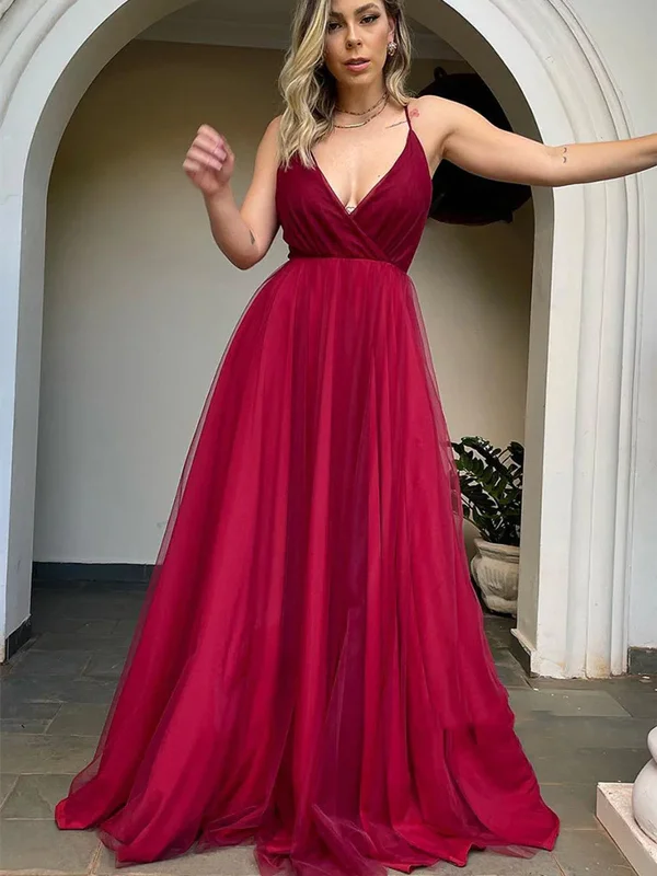 Midnight Sale V Neck Backless Burgundy Tulle Long Prom Dresses, Backless Maroon Formal Dresses, Burgundy Evening Dresses SP2418