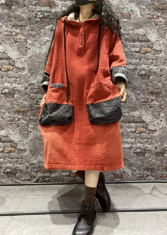 Price Drop Alert Plus Size Orange Hooded Pockets Denim Long Dress Fall
