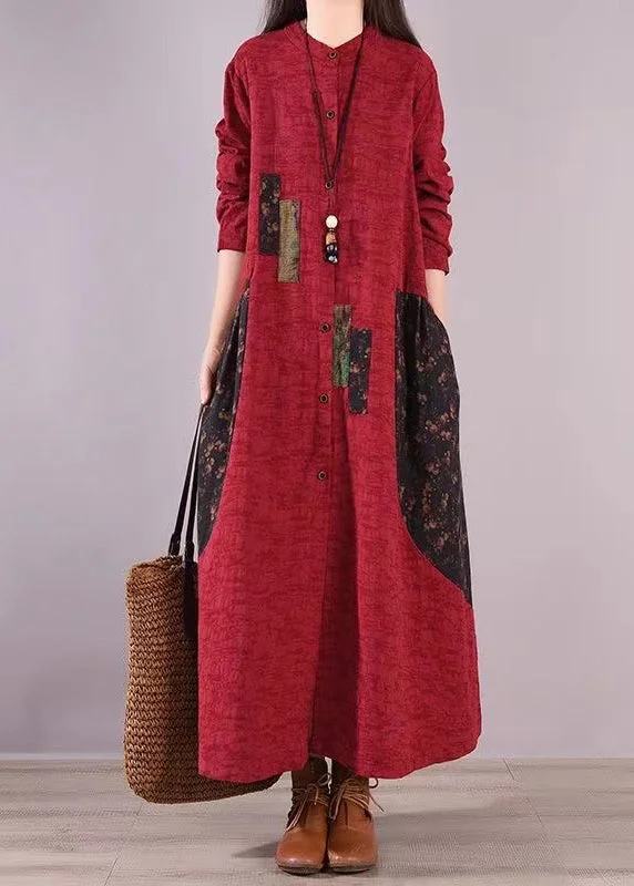New Deals Red Print Pockets Patchwork Cotton Shirts Dresses Stand Collar Fall