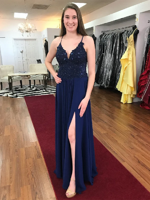 Markdown Madness A Line Spaghetti Straps Lace Navy Blue Chiffon Long Prom Dresses, Navy Blue Formal Dresses Markdown Madness A Line Spaghetti Straps Lace Navy Blue Chiffon Long Prom Dresses, Navy Blue Formal Dresses