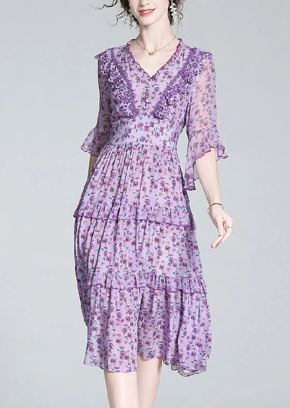 floral wrap dressfloral wrap dressFashion Purple V Neck Print Wrinkled Button Silk Long Dress Half Sleeve