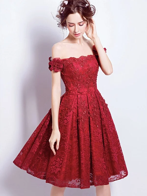 boho-chic dressboho-chic dressOff Shoulder Burgundy Lace Short Prom Homecoming Dresses, Burgundy Lace Formal Graduation Evening Dresses, Burgundy Cocktail Dresses