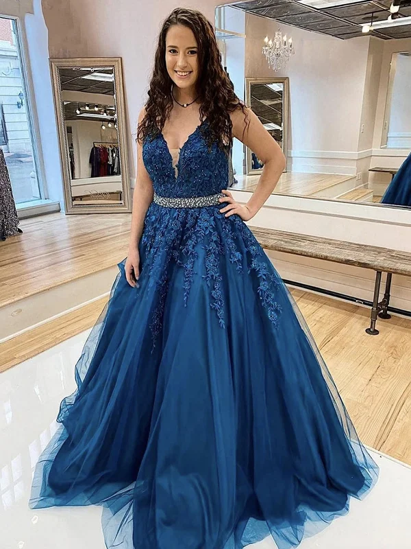 Discount Deals V Neck Beaded Blue Lace Floral Long Prom Dresses, Blue Lace Formal Evening Dresses with Appliques SP2212