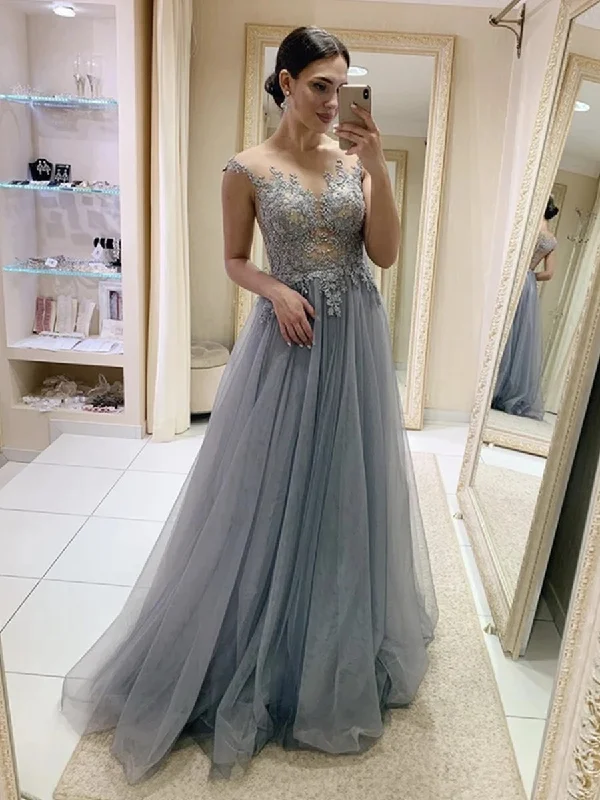 Limited Time A Line Round Neck Cap Sleeves Gray Lace Prom Dresses, Gray Lace Formal Dresses, Gray Evening Dresses