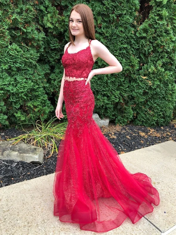 Huge Discounts Two Pieces Mermaid Lace Long Burgundy Prom Dresses, Two Pieces Burgundy Lace Formal Dresses, Mermaid Burgundy Lace Evening Dresses