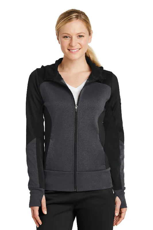 Limited Quantity Sport-Tek Womens Moisture Wicking Full Zip Tech Fleece Hooded Jacket - Black/Heather Graphite Grey - Closeout
