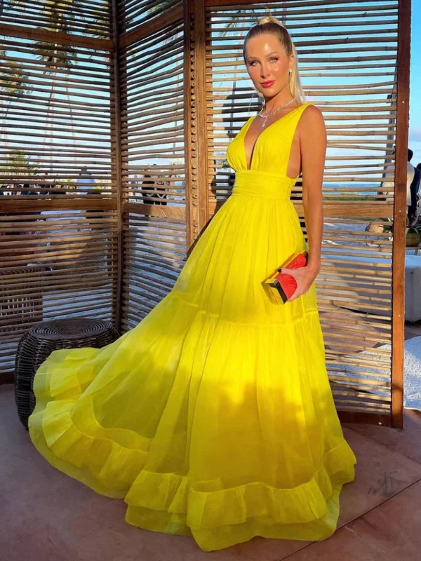 v-neck dressv-neck dressA Line V Neck Yellow Tulle Long Prom Dresses, Long Yellow Formal Graduation Evening Dresses SP2601