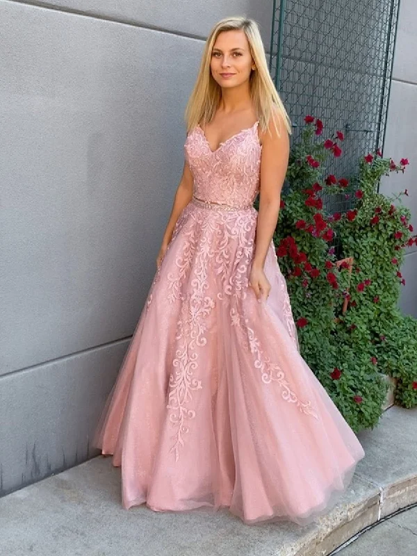 Huge Discounts A Line V Neck Two Pieces Lace Appliques Pink Prom Dresses with Belt, 2 Pieces Pink Lace Formal Dresses, Lace Pink Evening Dresses