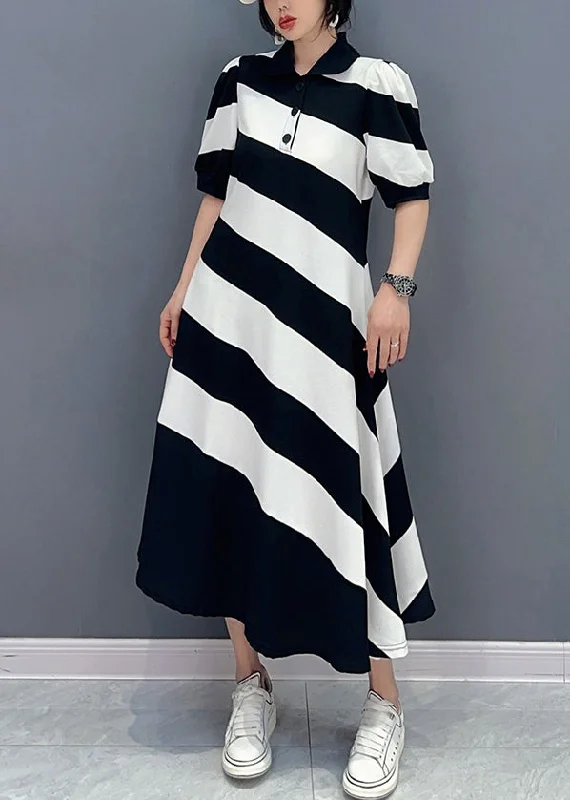 form-fitting dressform-fitting dressCute Black White Striped Peter Pan Collar Patchwork Long Dress Short Sleeve