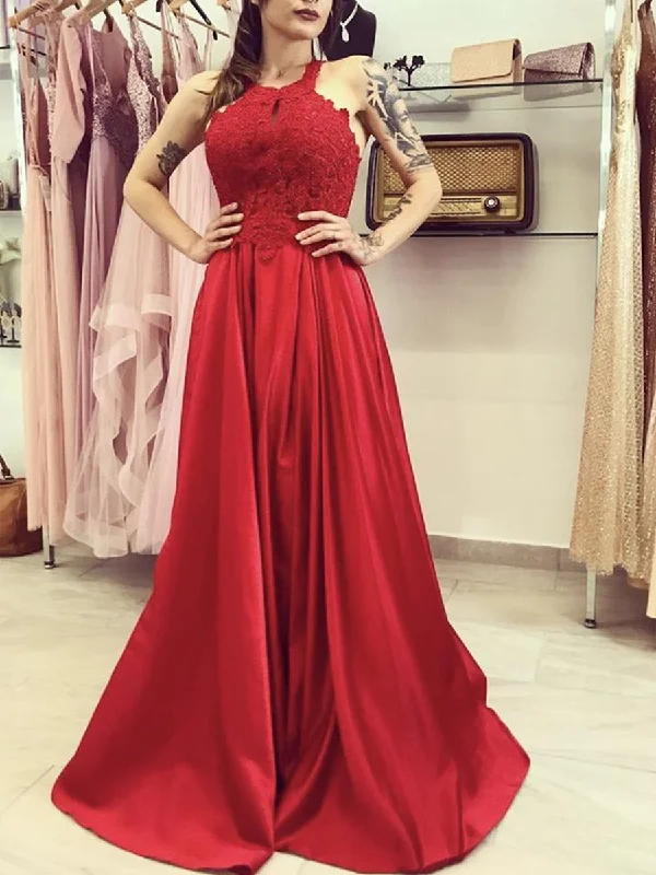 Fantastic Deals A Line Red Lace Long Prom Dresses, Long Red Lace Formal Graduation Evening Dresses