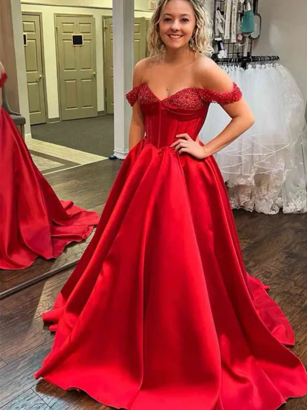 fitted cocktail dressfitted cocktail dressOff Shoulder Beaded Red/Black Satin Long Prom Dresses, Red/Black Formal Evening Dresses SP2571