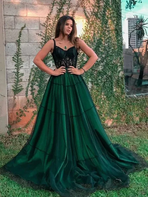 flowy evening dressflowy evening dressDark Green Lace Tulle Long Prom Dresses, Dark Green Formal Graduation Evening Dresses with Lace Appliques SP2366