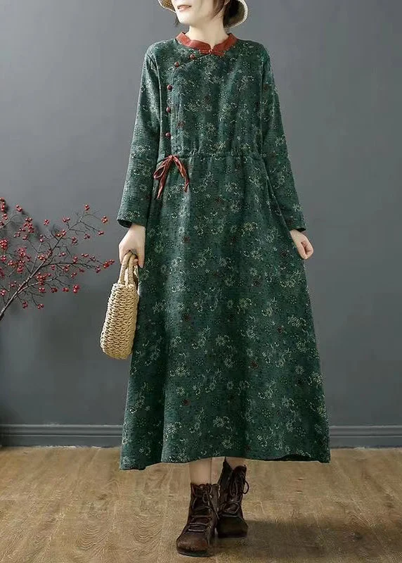 Today Only Vintage Green Stand Collar Print Patchwork Cotton Dress Fall
